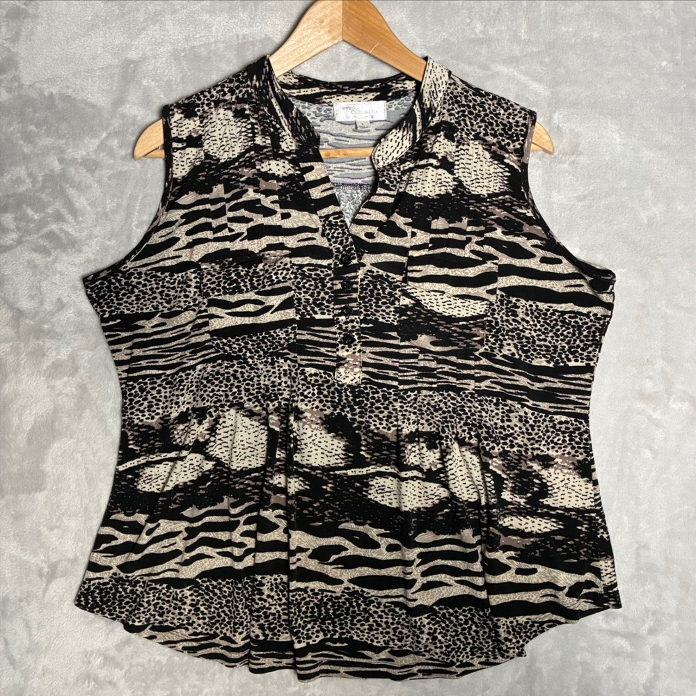 Eve & Maddie Mixed Animal Print Sleeveless Peplum Blouse Black Tan Large